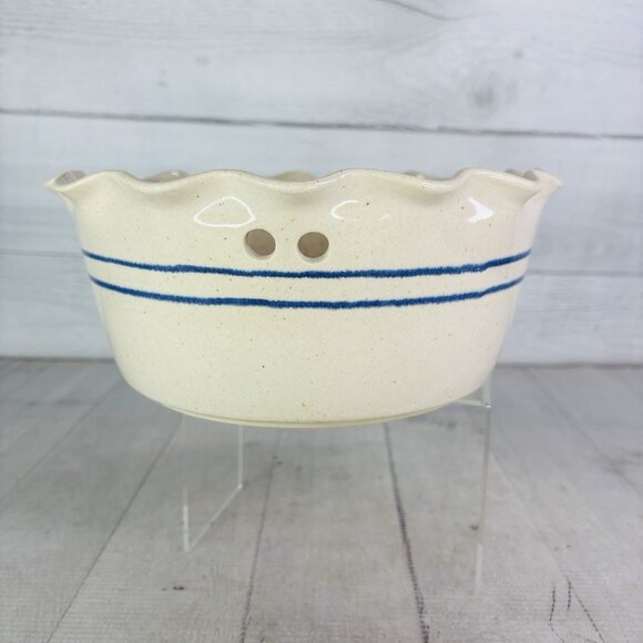 Clay Pen Pottery Beige Blue Pen Stripe Hand Crafted Creamic Bread Warming Bowl - Picture 4 of 15